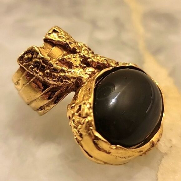 Yves Saint Laurent YSL Size 6 Arty Black RARE Cabochon Vintage 24KT Gold Ring - Picture 2 of 12